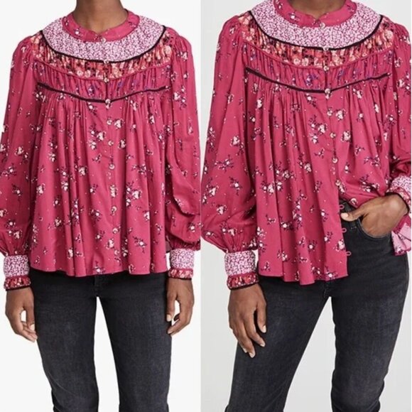 Free People Paloma Floral Button Up Peasant Blouse Top Berry Combo, sz S - Picture 1 of 11